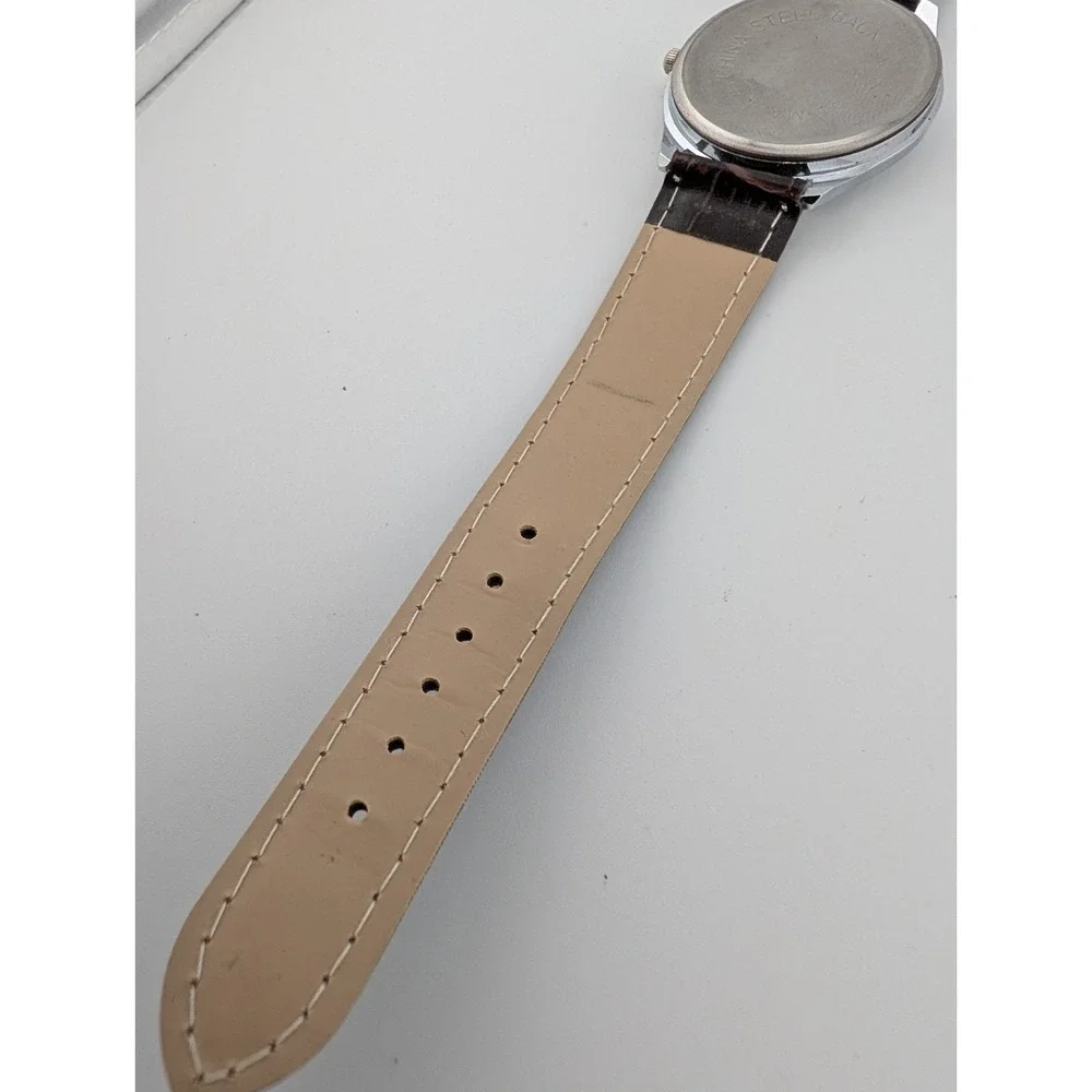 Unisex Quartz Watch Brown Faux Leather Band‎ 35mm Silver Case- New Battery
